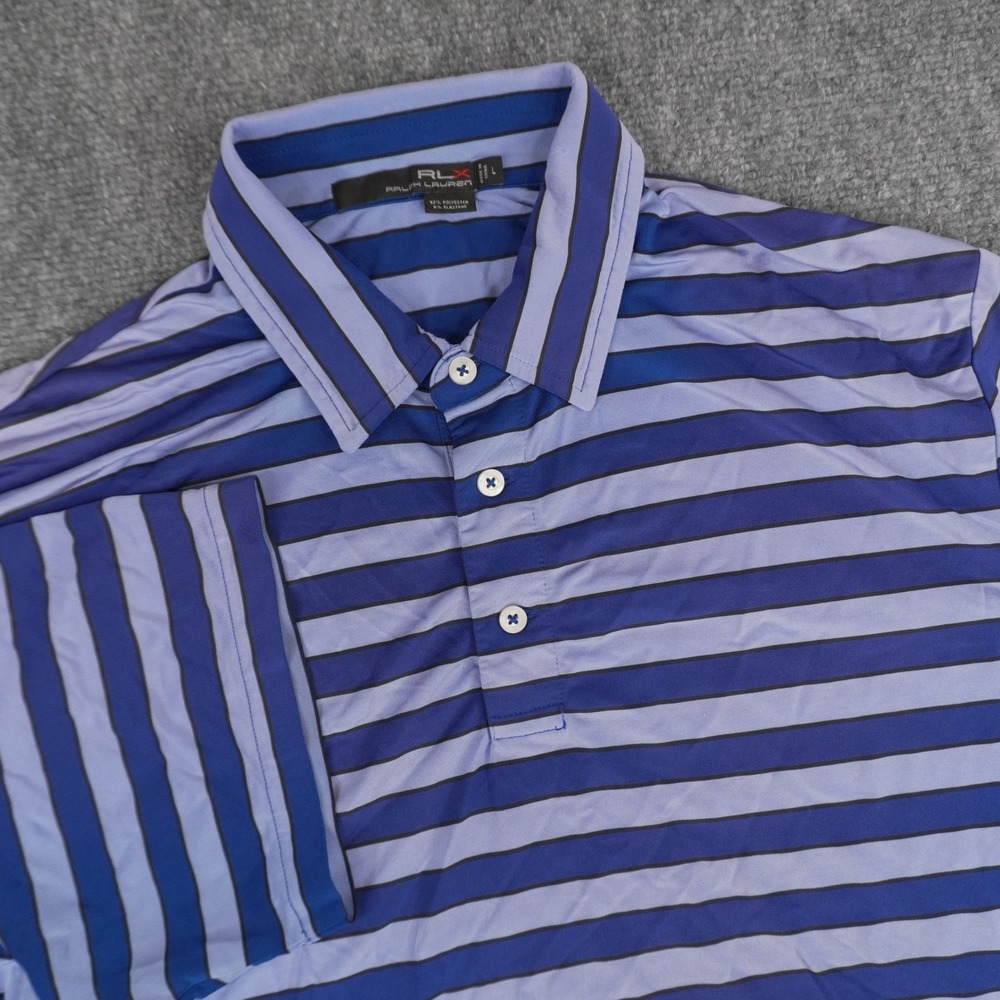 RLX Ralph Lauren Polo Shirt Mens Large Blue Striped Performance Short Sleeve